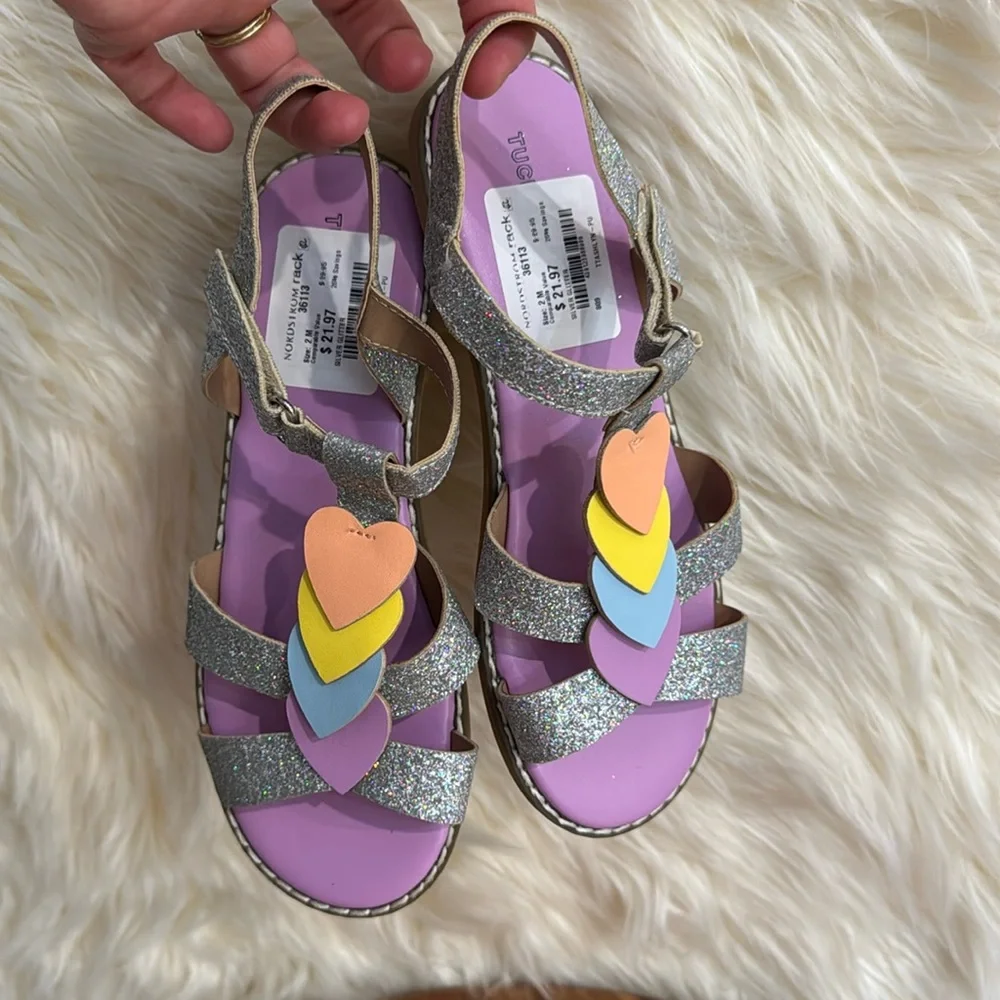 Tucker + Tate Girls Glitter Heart Sandals Size 2 Silver Rainbow Toddler